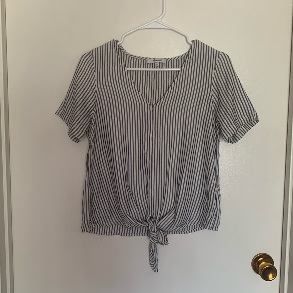 Madewell women’s XXS blue striped blouse with tie at the bottom.
